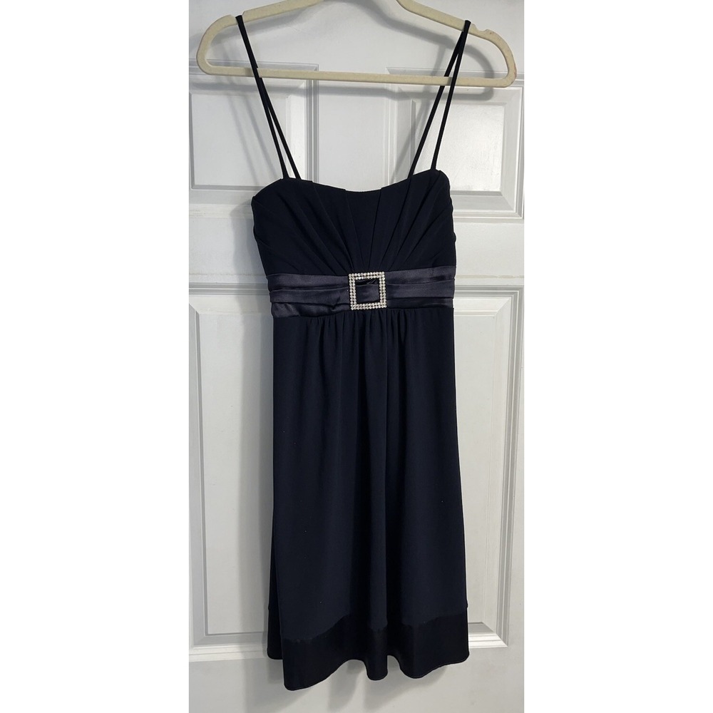 Vtg Taboo Womens Sleeveless Bling Mini Dress Size M Bow Y2K Blue Satin